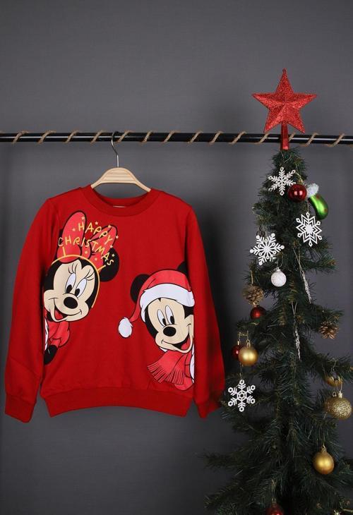 Mickey Ve Minnie Mouse Baskılı Unisex Çocuk Noel Sweat Şardonlu 2 İp