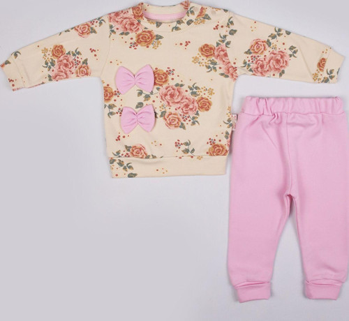 Fiyonk Detaylı Gül Desenli Kız Bebek Takım