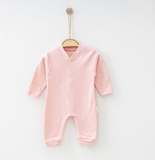 Ayaksız Unisex Bebek Yumuşak Dokulu Çizgi Desenli Pembe Bebek Tulum