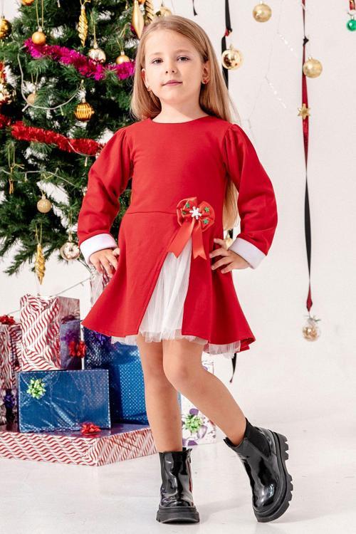 Fiyonk Detaylı Kız Çocuk Noel Elbise