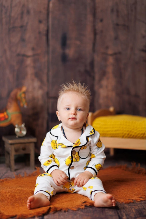 %100 Pamuk Kruvaze Yaka Önden Düğmeli Unisex Mevsimlik Bebek Pijama Takım
