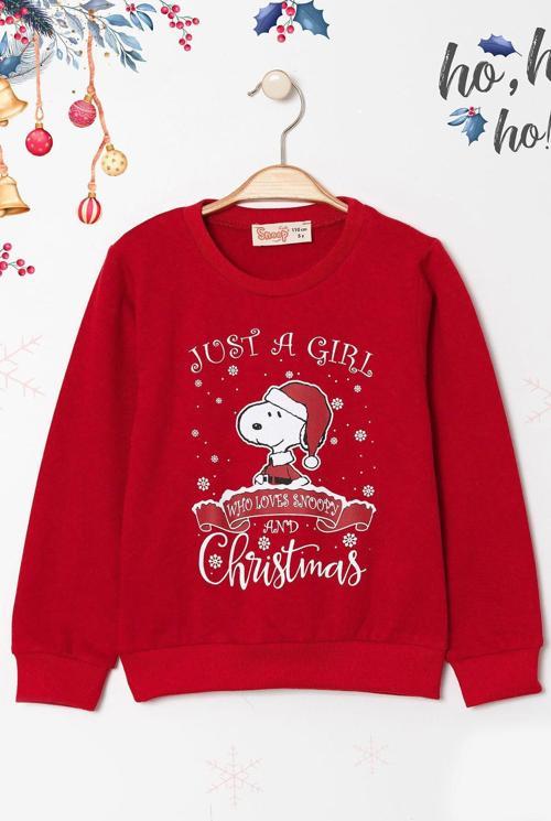 Snoopy Baskılı Yılbaşı Temalı 2 İp Şardonlu Kız Çocuk Sweatshirt