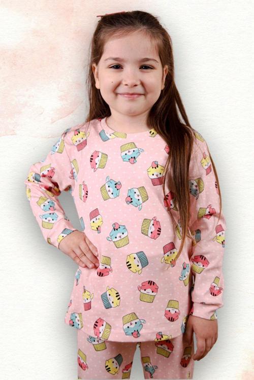 Kedi Desenli %100 Pamuk Kız Çocuk Pijama Takım