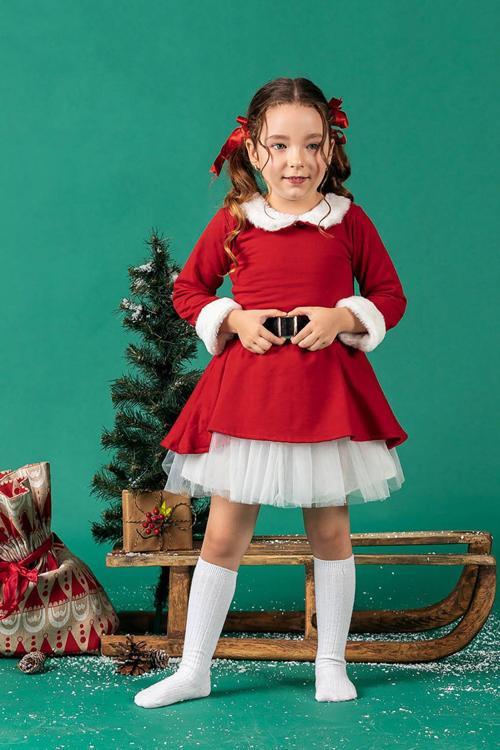 Kemer Detaylı Tüllü Kız Noel Elbise