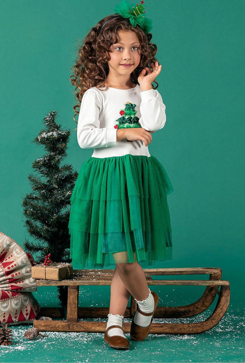 Yılbaşı Ağacı Detaylı Tüllü Etekli Kız Çocuk Noel Elbise