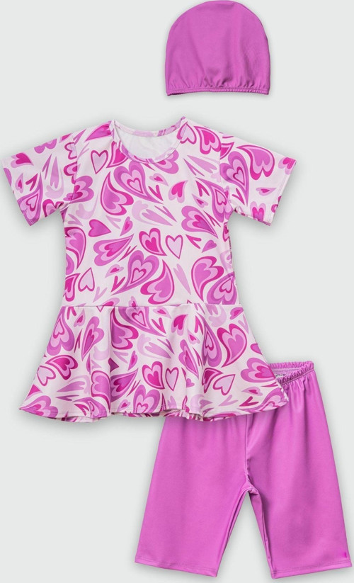 Kalp Desenli Volan Etekli Boneli Kız Çocuk Üçlü Set Mayo