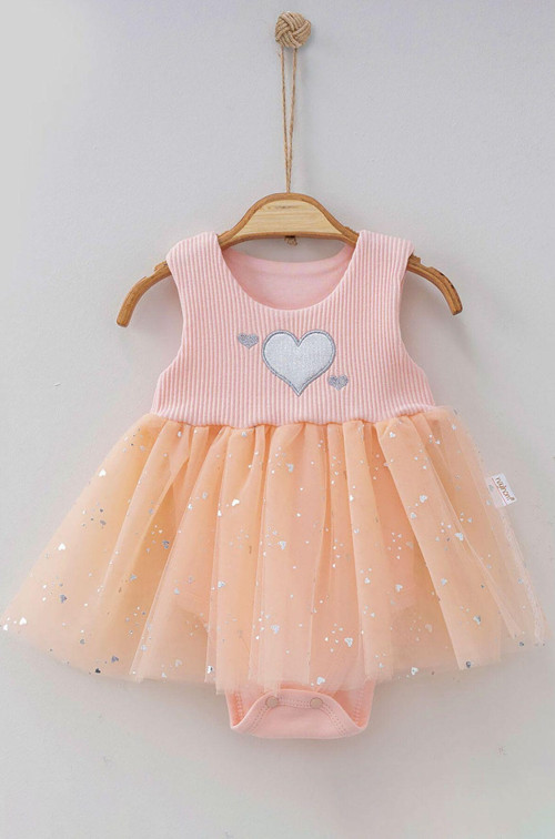 Kalp Nakışlı Tüllü Çıtçıtlı Zıbın Elbise (%100 Pamuk)