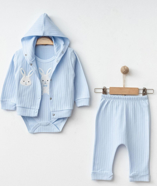Tavşan Nakışlı Ribanalı 3'Lü Unisex Bebek Takım
