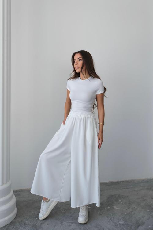 Beli Lastikli Geniş Kesim Kloş Double Krep Pantolon Etek 5187 - Beyaz