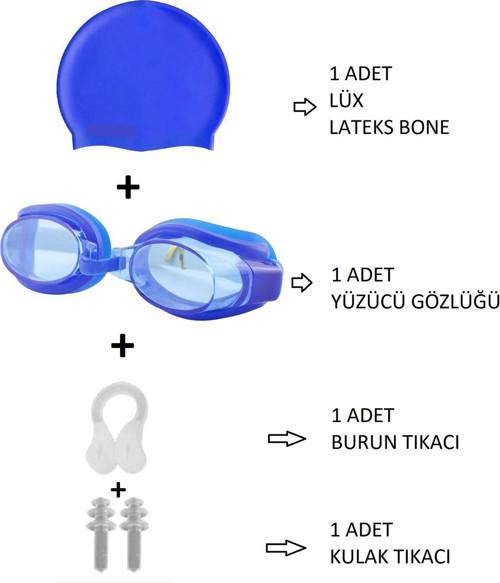 4Lü Set Havuz Deniz Yüzücü Gözlüğü Boneli Tıkaçlı Uv Korumalı Yüzme Seti