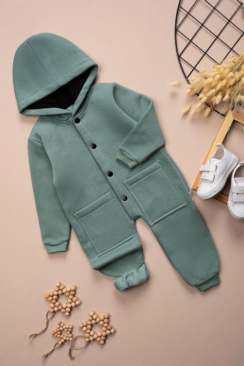 Çocuk Kışlık 3 I?Plik Şardonlu Kapüşonlu Çift Cepli Çıtçıt Düğmeli Tulum