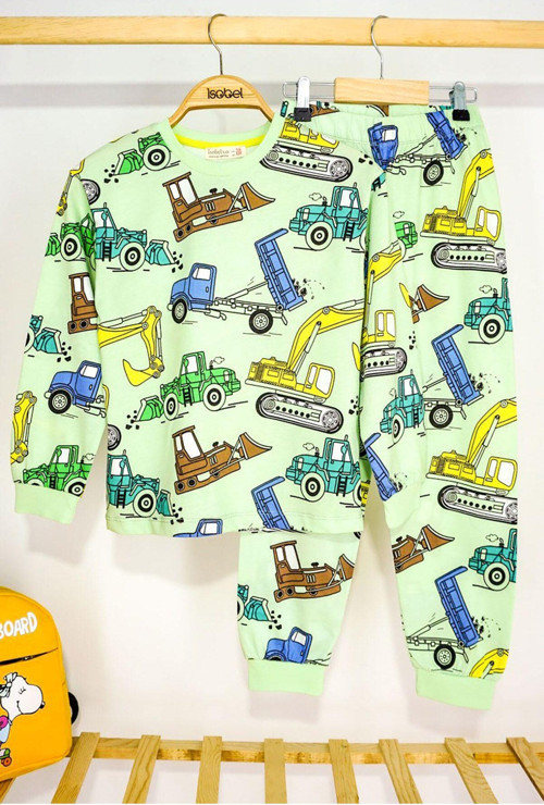 İş Makineleri Desenli %100 Pamuk Erkek Çocuk Pijama Takımı