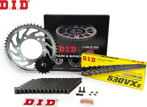 ZİNCİR DİŞLİ SETİ TRIUMPH SPRINT RS 955cc ZİNCİR: DID-530VX3 Çelik-108 ÖN-ARKA DİŞLİ: SUNSTAR 18T-43T 2002-2003