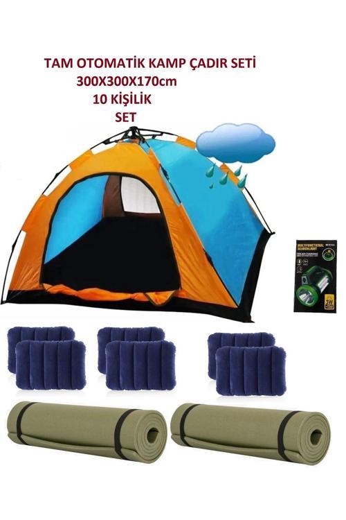 10 Kişilik Tam Otomatik Çadır Seti 4'Lü Kamp Matı+4'Lü Yastık+Solar Lamba Çadır Seti