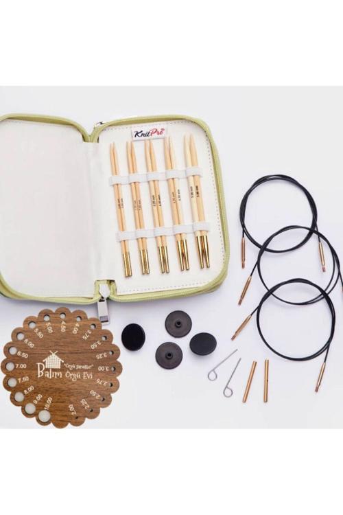 Knitpro Japan Bamboo Değiştirilebilir Misinalı Başlangıç Şiş Seti + Balım Örgü Evi Şiş Ölçer