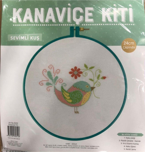 Kanaviçe Kit Sevimli Kuş 24 Cm Turkuaz Kasnak