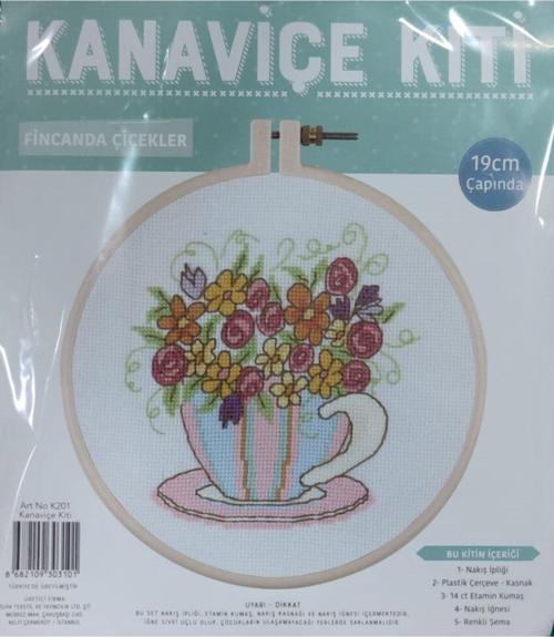 Kanaviçe Kit Fincanda Çiçekler 19 Cm Pembe Kasnak