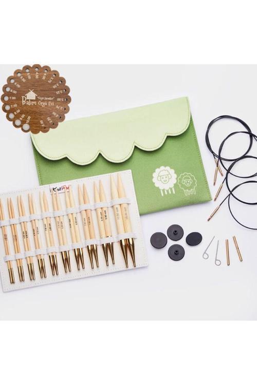 Knitpro Japan Bamboo Değiştirilebilir Misinalı Şiş Seti + Balım Örgü Evi Şiş Ölçer