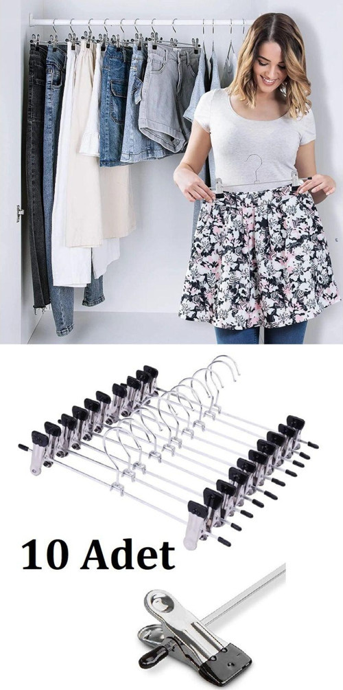 Metal Mandallı Etek Askısı Pantolon Askısı Krom Askı 40Cm - 10 Adet