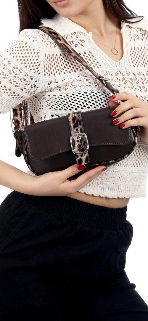 Leopar Desenli Baget Çanta,Toka Detaylı Uzun Askılı Çapraz Çanta,Kadın Çantası,Omuz Çantası