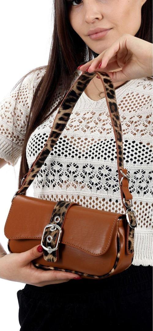 Leopar Desenli Baget Çanta,Toka Detaylı Uzun Askılı Çapraz Çanta,Kadın Çantası,Omuz Çantası