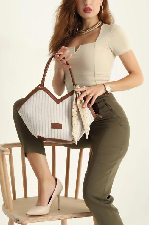 Hasır Büyük Boy Fular Hediyeli Omuz & Plaj Çantası