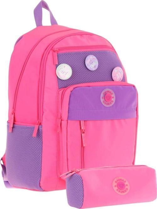 Kauko Holiday Kız Çocuk Rozetli Okul Çantası ve Kalemlik Seti - Pembe - Altı Bölmeli