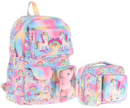 Peluş Unicornlu Pembe Kız ÇocukLar İçin Okul Çantası ve Beslenme Çantası Seti (L5243+L7243)