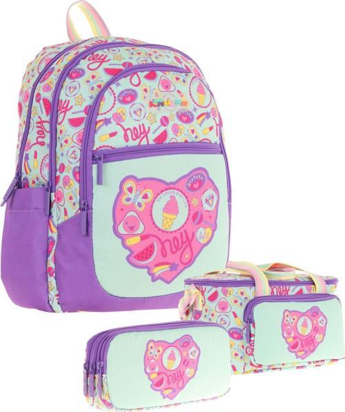 Kids Üçlü Kız Çocuk İlkokul Okul Çantası Seti (L5230+L7230+L8230) Mor Yeşil - Karpuz ve Dondurma Desenli