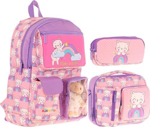 Kids Kız Çocuk İlkokul Okul Çantası Seti - Peluş Kedili - Pembe Mor (L5241+L7241+L8241)