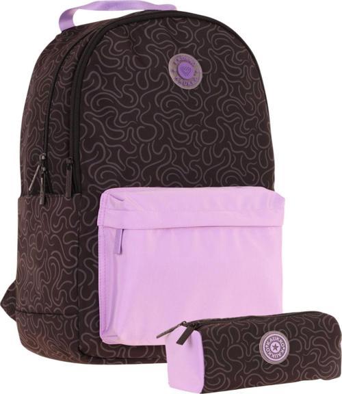 Kız Çocuk Çizgi Desenli Üç Gözlü İlkokul Çantası ve Kalemlik Seti - Siyah Mor