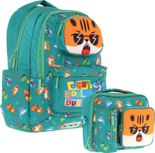 Erkek Çocuk 3D Aslan Şekilli Yeşil Okul Sırt Çantası ve Isı Yalıtımlı Beslenme Çantası Seti