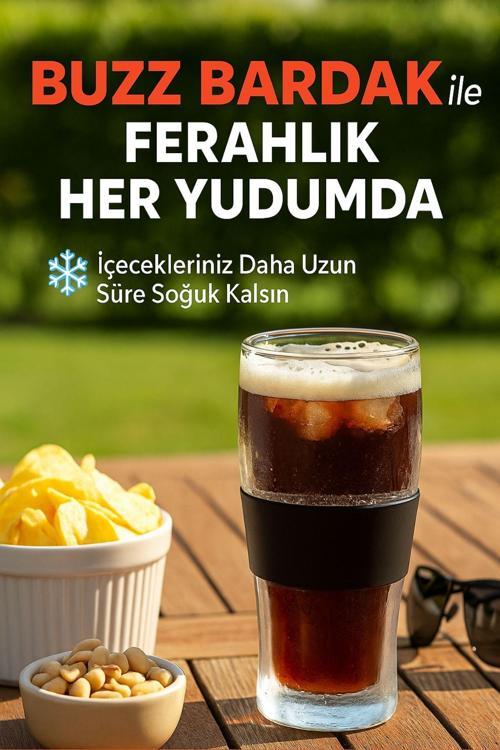 BUZZ BARDAK – 470 ML Aktif Jel Soğutmalı Cam Bardak | Silikon Tutuş Bantlı Siyah