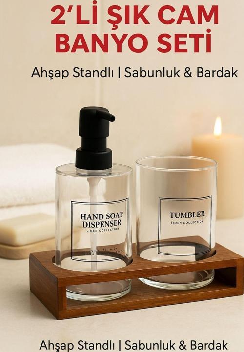2’li Cam Ahşap Standlı Banyo Seti – Sabunluk ve Bardak – 430 ml – Modern Şık Tasarım