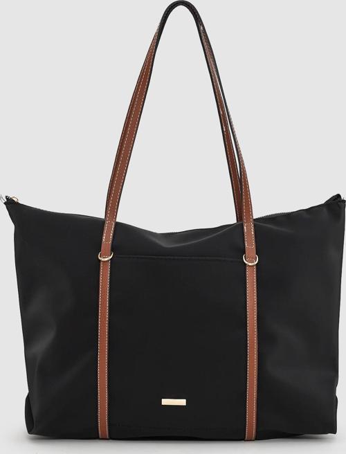 Velie Paraşüt Kumaş Şeritli Shopper Çanta Siyah-Taba