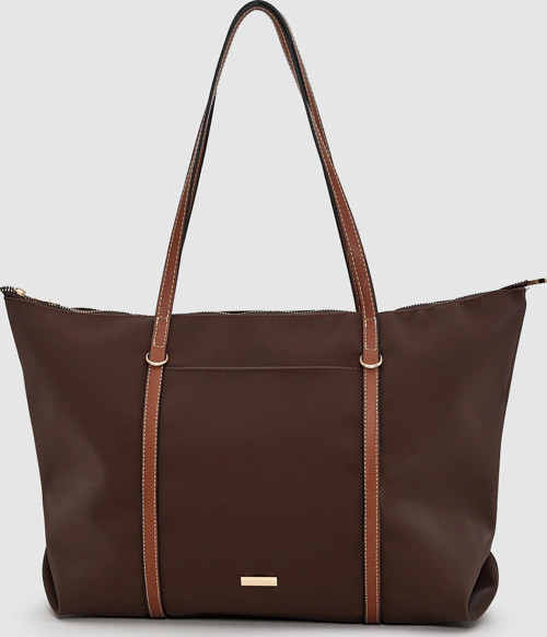 Velie Paraşüt Kumaş Şeritli Shopper Çanta Acı Kahve-Taba