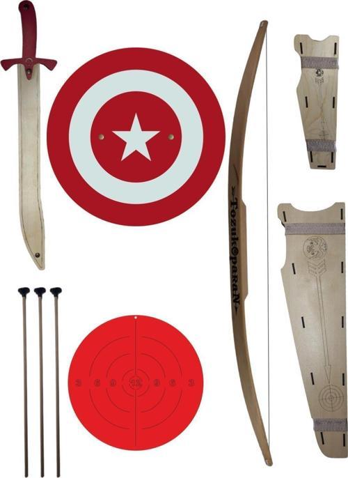 Ahşap Oyuncak Silah Seti, Doğal Ahşap Ok Yay + Kalkan + Kılıç + Yay Kını + Sadak + Hedef