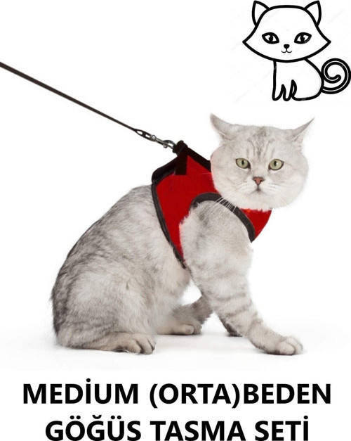 Kaçış Önleyici Nefes Alabilen Yüzey Kedi Gezdirme Göğüs Tasma Seti Kırmızı