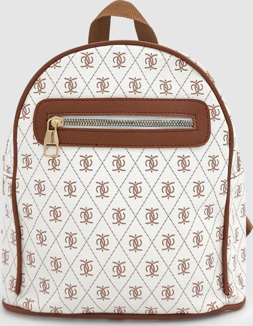 Synor Fermuarlı Dış Bölmeli Monogram Mini Sırt Çantası Beyaz