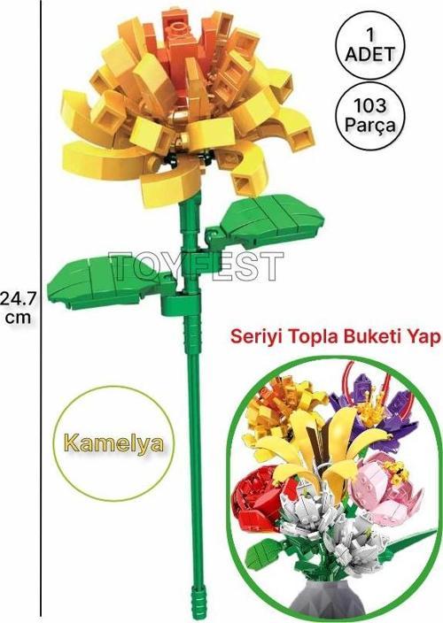 Çiçek Buketleri Lego Yapı Oyuncağı - Sarı Çiçek Kamelya Çiçeği - ( 1 ADET ÇİÇEK ) -103 Parça