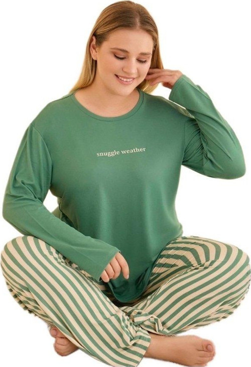 %100 Pamuklu Büyük Beden Kadın Pijama Takımı BELLINA Uzun Kollu Rahat Kalıp 3XL-5XL