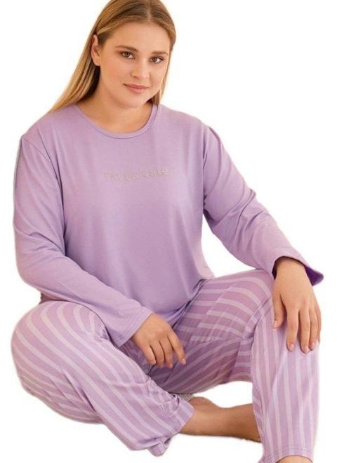 VIVARA %100 Pamuklu Büyük Beden Kadın Pijama Takımı Uzun Kollu Nefes Alabilir Rahat Kalıp 3XL-5XL
