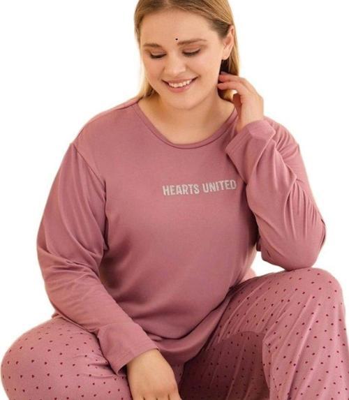 LUCENTA %100 Pamuklu Kadın Büyük Beden Pijama Takımı 3XL-5XL Uzun Kollu Rahat Kesim Nefes Alan Kumaş