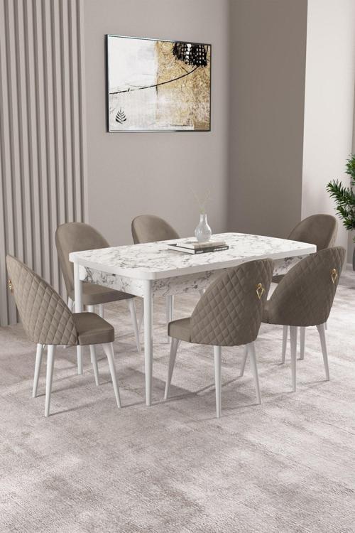 Milas Beyaz Mermer Desen 80x132 Açılabilir Mdf Masa Yemek Odası Takımı, Mutfak Takımı 6 Sandalye
