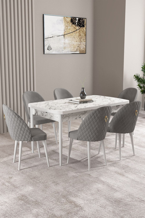 Milas Beyaz Mermer Desen 80x132 Açılabilir Mdf Masa Yemek Odası Takımı, Mutfak Takımı 6 Sandalye