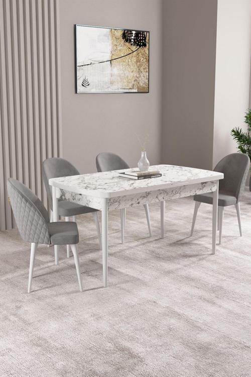 Milas Beyaz Mermer Desen 80x132 Açılabilir Mdf Masa Yemek Odası Takımı, Mutfak Takımı 4 Sandalye