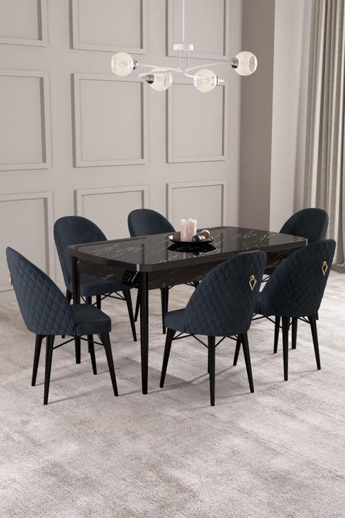 ​​​​​​​Calvin Siyah Mermer Desen 80x132 Açılabilir Mdf Masa Yemek Odası Takımı, Mutfak Takımı 6 Adet