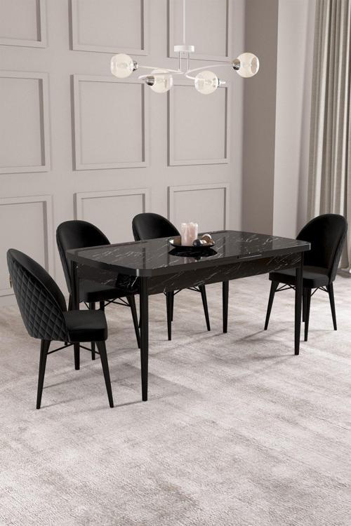 ​​​​​​​Calvin Siyah Mermer 80x132 Açılabilir Mdf Masa Yemek Odası Takımı, Mutfak Takımı 4 Adet Sanda