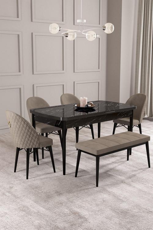 Calvin Siyah Mermer 80x132 Açılabilir Mdf Masa Yemek Odası Takımı, Mutfak Takımı 4 Adet Sandalye, 1 