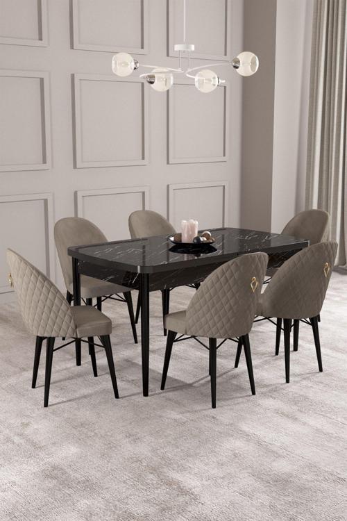 ​​​​​​​Calvin Siyah Mermer Desen 80x132 Açılabilir Mdf Masa Yemek Odası Takımı, Mutfak Takımı 6 Adet